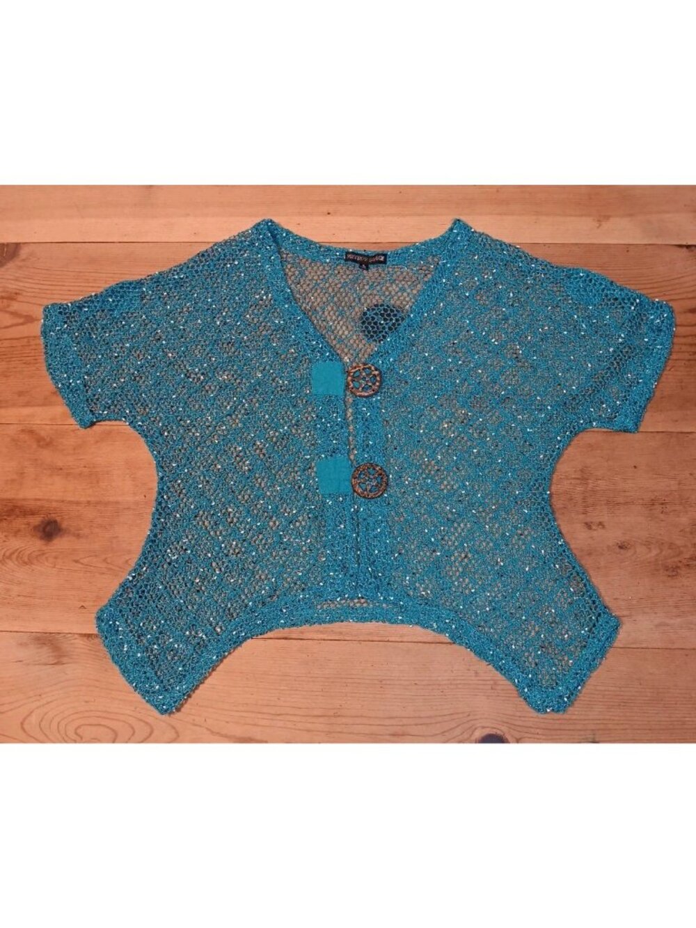 Mirror Image Women XL Cardigan Turquoise Open Knit Short Sleeve Button Cover Up